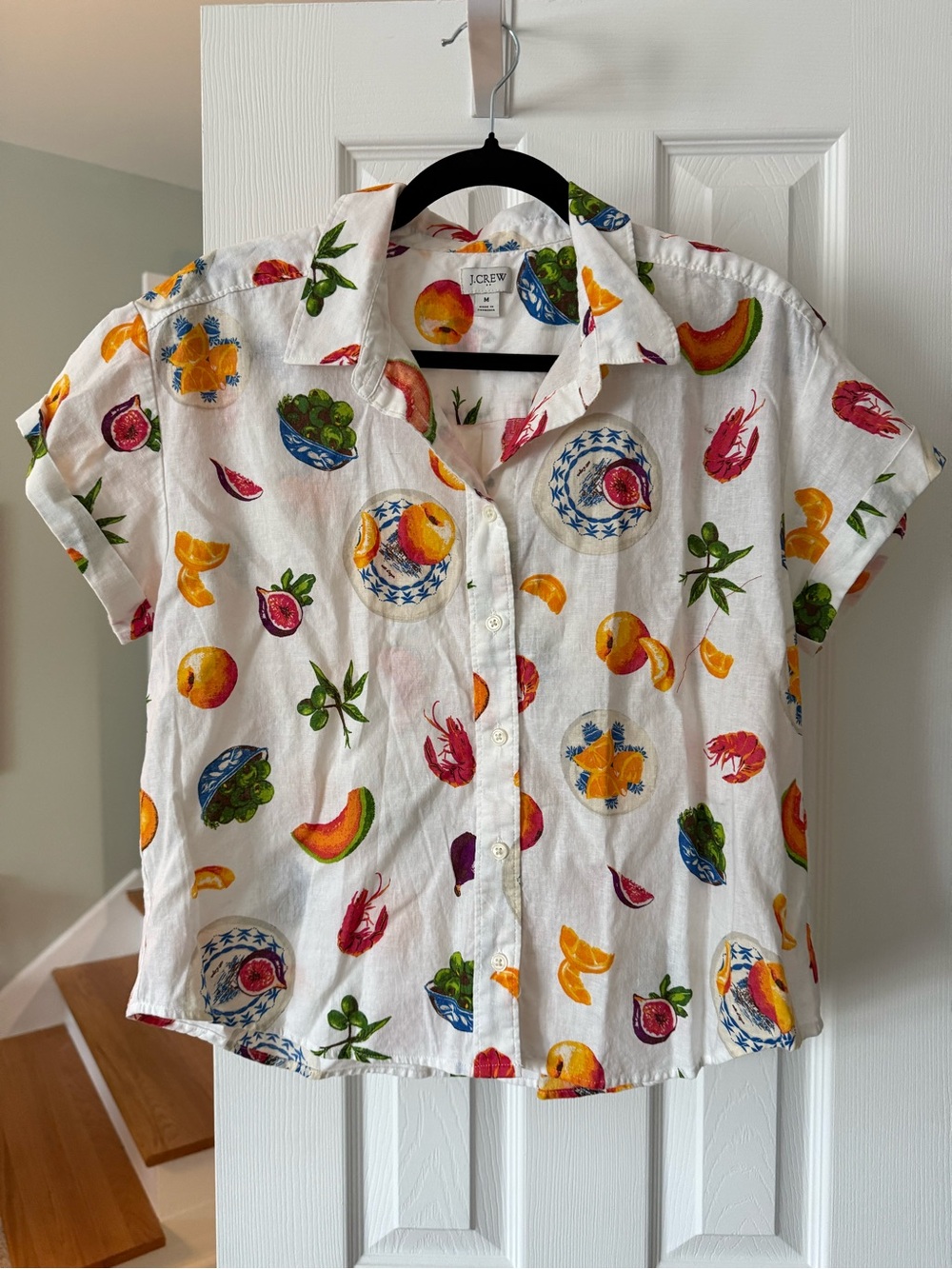 J. Crew White Short-Sleeve Button-Down Shirt with Multicolor Fruit Print
